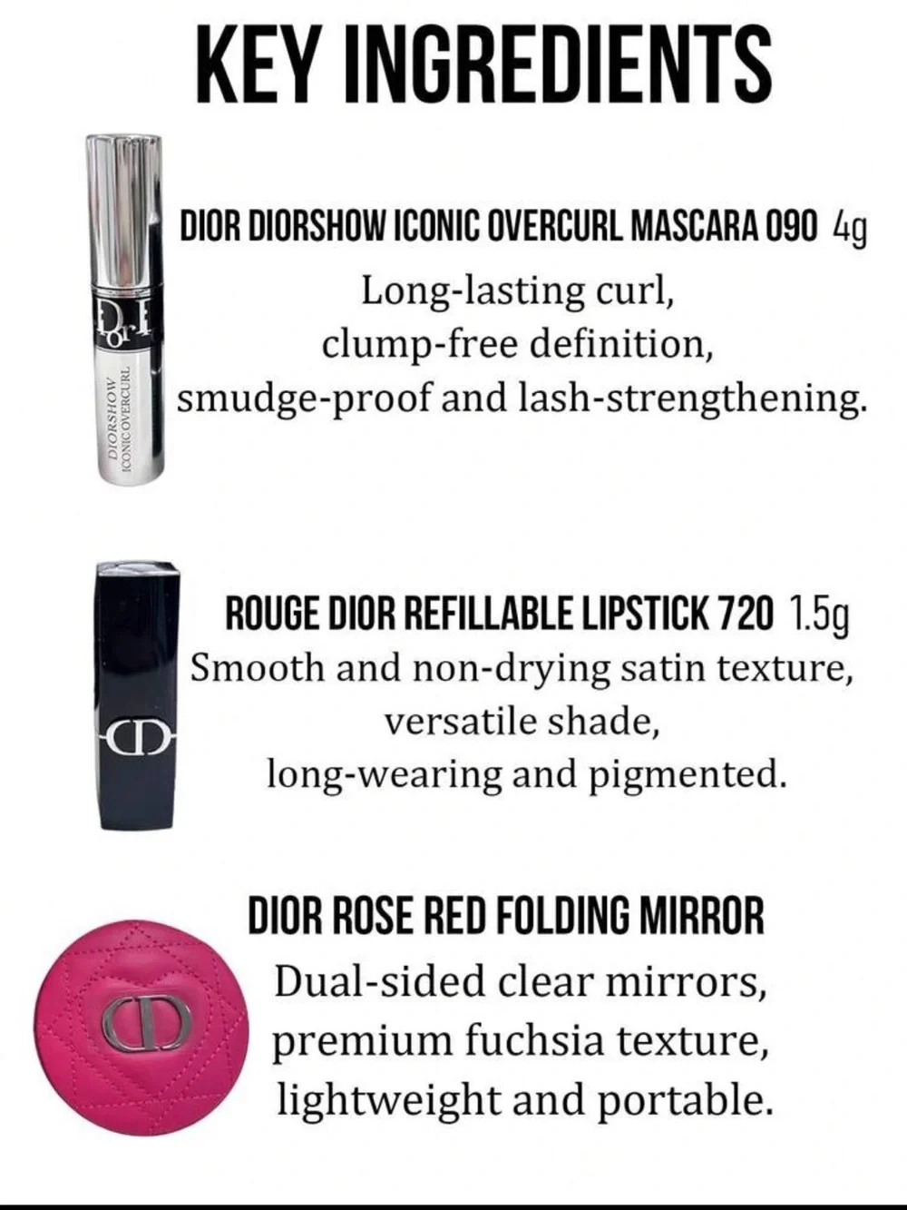 Dior Rose Red Folding Mirror with Silver Mascara & Black Lipstick Case